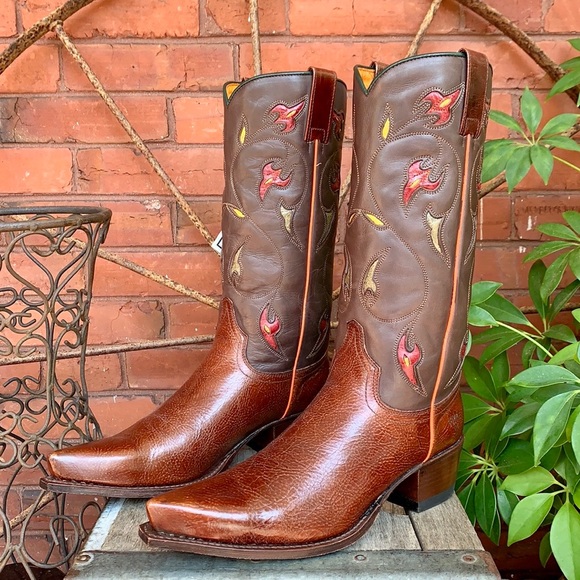 FRYE NEW Floral Inlay Brown Leather Boots 8 - Picture 4 of 11